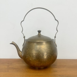 Vintage Brass Teapot with Etched Flowers and Swing Handle | 1970s Brass Decor