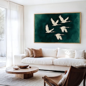 Lámina de grullas verde esmeralda: Arte mural minimalista japonés moderno