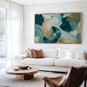 Abstract Teal Framed Canvas | Contemporary Horizontal Wall Art | Large Above Bed Sofa Decor | Living Room Home Decor | #139