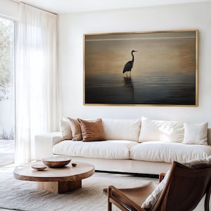 Heron Framed Canvas Print | Large Minimalist Bird Wall Art | Horizontal Bedroom Living Room Office Decor | #078
