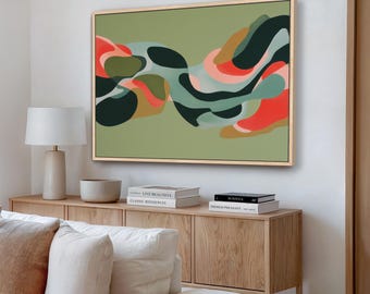 Abstract Wall Art Print: Olive Green and Coral - Framed Canvas
