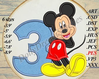 Mr. Mouse Numero 3 Terzo Compleanno APPLIQUE, 6 misure, Download immediato