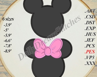 May include: Black and white applique design of Mickey Mouse with a pink bow. The design is available in six sizes: 3.9 inches, 5 inches, 5.9 inches, 6.6 inches, 7.8 inches, and 8.9 inches. The design is available in the following file formats: ART, CSD, DST, EXP, HUS, JEF, PCS, PES, VP3, and XXX.