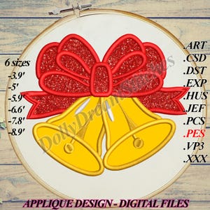May include: A red and gold Christmas applique design featuring two bells with a large red bow. The design is available in six sizes, ranging from 3.9 inches to 8.9 inches. The design is available in the following formats: ART, CSD, DST, EXP, HUS, JEF, PCS, PES, VP3, and XXX.