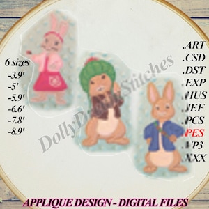 May include: Applique design digital files for embroidery machines.  The design features three different Peter Rabbit characters in various sizes from 3.9 inches to 8.9 inches.  The designs are available in the following formats: ART, CSD, DST, EXP, HUS, JEF, PCS, PES, P3, and XXX.