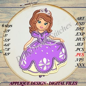 APLIQUE Princesa Sofía, Diseño Bordado, 6 tamaños, Descarga Instantánea