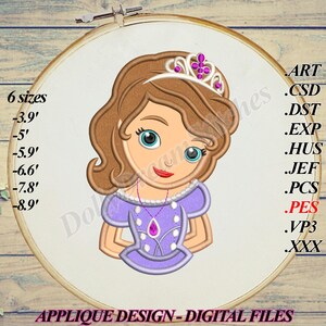 APLIQUE Princesa Sofía, Diseño Bordado, 6 tamaños, Descarga Instantánea