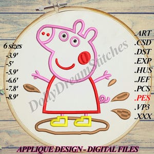 May include: Embroidered applique design of Peppa Pig in a red dress, standing in a puddle of mud. The design is available in six sizes, ranging from 3.9 inches to 8.9 inches. The design is available in various embroidery file formats, including ART, CSD, DST, EXP, HUS, JEF, PCS, PES, VP3, and XXX.