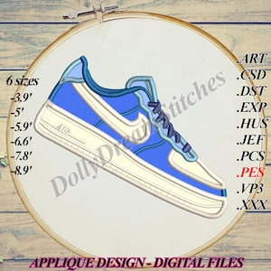 May include: An embroidered applique design of a sneaker in blue and white, featuring the word "AIR" on the side. The design is presented in a hoop and comes in six sizes: 3.9 inches, 5 inches, 5.9 inches, 6.6 inches, 7.8 inches, and 8.9 inches. The design is available in the following file formats: ART, CSD, DST, EXP, HUS, JEF, PCS, PES, VP3, and XXX.