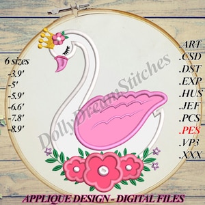 Swan APPLIQUE, Flower Swan Embroidery Design, 6 sizes, Instant Download