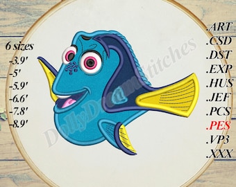 Blue Fish APPLIQUE, Dory Embroidery Design, 6 sizes, Instant Download