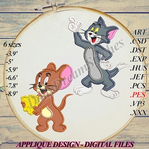 Katze und Maus APPLIKATION, Katze und Maus Stickdatei, 6 Größen, Instant Download