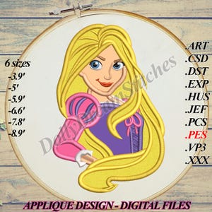 Princess APPLIQUE, Long Hair Princess Embroidery Design, 6 sizes, Instant Download