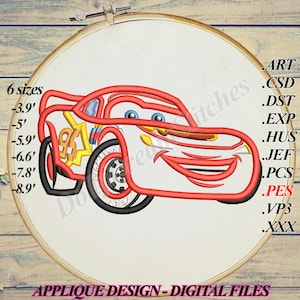 Aplique de carro de corrida, desenho bordado McQueen, 6 tamanhos, download instantâneo imagem 2