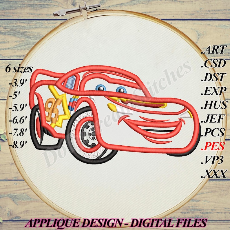 Aplique de carro de corrida, desenho bordado McQueen, 6 tamanhos, download instantâneo imagem 2