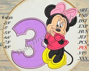 Mrs. Mouse Numero 3 Terzo Compleanno APPLIQUE, 6 misure, Download immediato