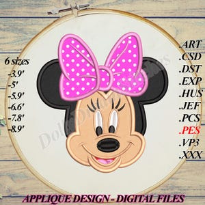 APLIQUE de Minnie, Diseño de bordado de cabeza de Minnie, 6 tamaños, Descarga instantánea