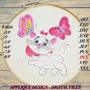 Marie Cat APPLIQUE, White Cat Butterflies Embroidery Design, 6 sizes, Instant Download