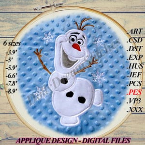 May include: A white and blue applique design of Olaf from Frozen, with a blue background and snowflakes. The design is available in 6 sizes: 3.9 inches, 5 inches, 5.9 inches, 6.6 inches, 7.8 inches, and 8.9 inches.