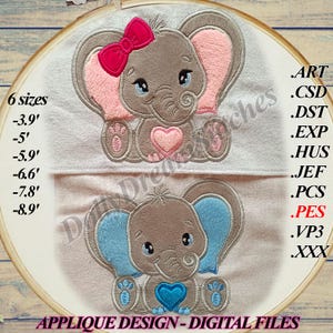 May include: Two embroidered applique designs of baby elephants, one with a pink bow and heart and the other with a blue heart. The designs are available in 6 sizes, from 3.9 inches to 8.9 inches.