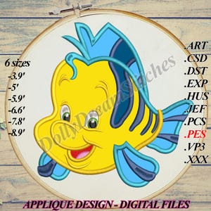 May include: A yellow and blue applique design of a cartoon fish with a smiling face. The design is available in six sizes, ranging from 3.9 inches to 8.9 inches. The design is available in the following formats: ART, CSD, DST, EXP, HUS, JEF, PCS, PES, VP3, and XXX.