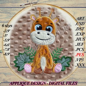 May include: Embroidered applique design of a cute giraffe with big blue eyes, sitting in a patch of green leaves. The design is available in 6 sizes, from 3.9 inches to 8.9 inches.  The design is available in various embroidery file formats, including ART, CSD, DST, EXP, HUS, JEF, PCS, PES, VP3, and XXX.
