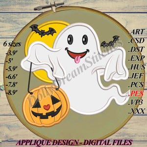 May include: A Halloween-themed embroidery design featuring a smiling white ghost holding an orange jack-o'-lantern. The design includes black bats and a yellow moon. The text reads "APPLIQUE DESIGN - DIGITAL FILES" and lists sizes in inches.