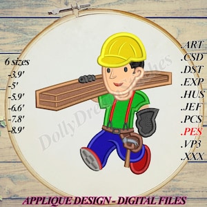 APPLIQUE per ricamo "Costruttore al lavoro", 6 misure, download immediato