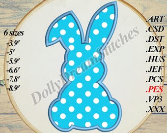 May include: A blue bunny applique design with white polka dots. The design is available in six sizes: 3.9 inches, 5 inches, 5.9 inches, 6.6 inches, 7.8 inches, and 8.9 inches. The design is available in the following file formats: ART, CSD, DST, EXP, HUS, JEF, PCS, PES, VP3, and XXX.