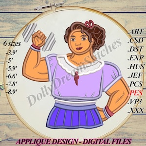 May include: An applique design of a woman with brown hair wearing a purple dress and lifting a silver dumbbell. The design is available in 6 sizes: 3.9 inches, 5 inches, 5.9 inches, 6.6 inches, 7.8 inches, and 8.9 inches.