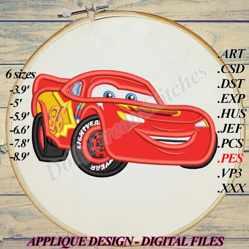 Aplique de carro de corrida, desenho bordado McQueen, 6 tamanhos, download instantâneo imagem 1