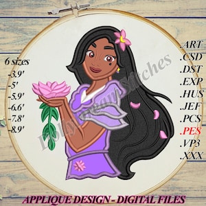 May include: Purple applique design of a woman with long black hair holding a pink flower. The design is available in 6 sizes: 3.9 inches, 5 inches, 5.9 inches, 6.6 inches, 7.8 inches, and 8.9 inches. The design is available in the following formats: ART, CSD, DST, EXP, HUS, JEF, PCS, PES, VP3, and XXX.