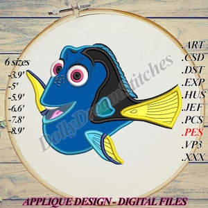 Blue Fish APPLIQUE, Dory Embroidery Design, 6 sizes, Instant Download