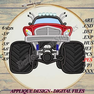 May include: Red monster truck applique embroidery design in six sizes: 3.9 inches, 5 inches, 5.9 inches, 6.6 inches, 7.8 inches, and 8.9 inches. The design features a red truck with large black tires, a gray front grill, and blue suspension.