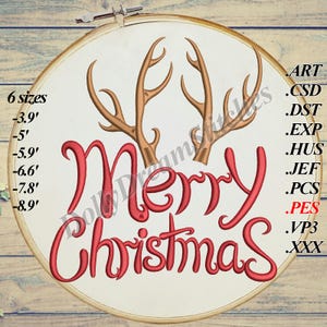 Merry Christmas Embroidery Design, Antlers Embroidery Design, 6 sizes, Instant Download