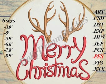 May include: Embroidered design of a pair of antlers with the words "Merry Christmas" in red cursive lettering. The design is on a white fabric background and is displayed in a wooden embroidery hoop. The design is available in six sizes, ranging from 3.9 inches to 8.9 inches.