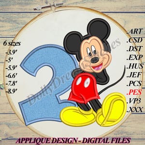 May include: Embroidered applique design of Mickey Mouse holding a blue number two. The design is available in six sizes: 3.9 inches, 5 inches, 5.9 inches, 6.6 inches, 7.8 inches, and 8.9 inches. The design is available in the following formats: ART, CSD, DST, EXP, HUS, JEF, PCS, PES, VP3, and XXX.