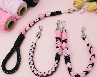 Handmade Cotton Double Dog Leash with Floral Knots – Customizable Size & Color