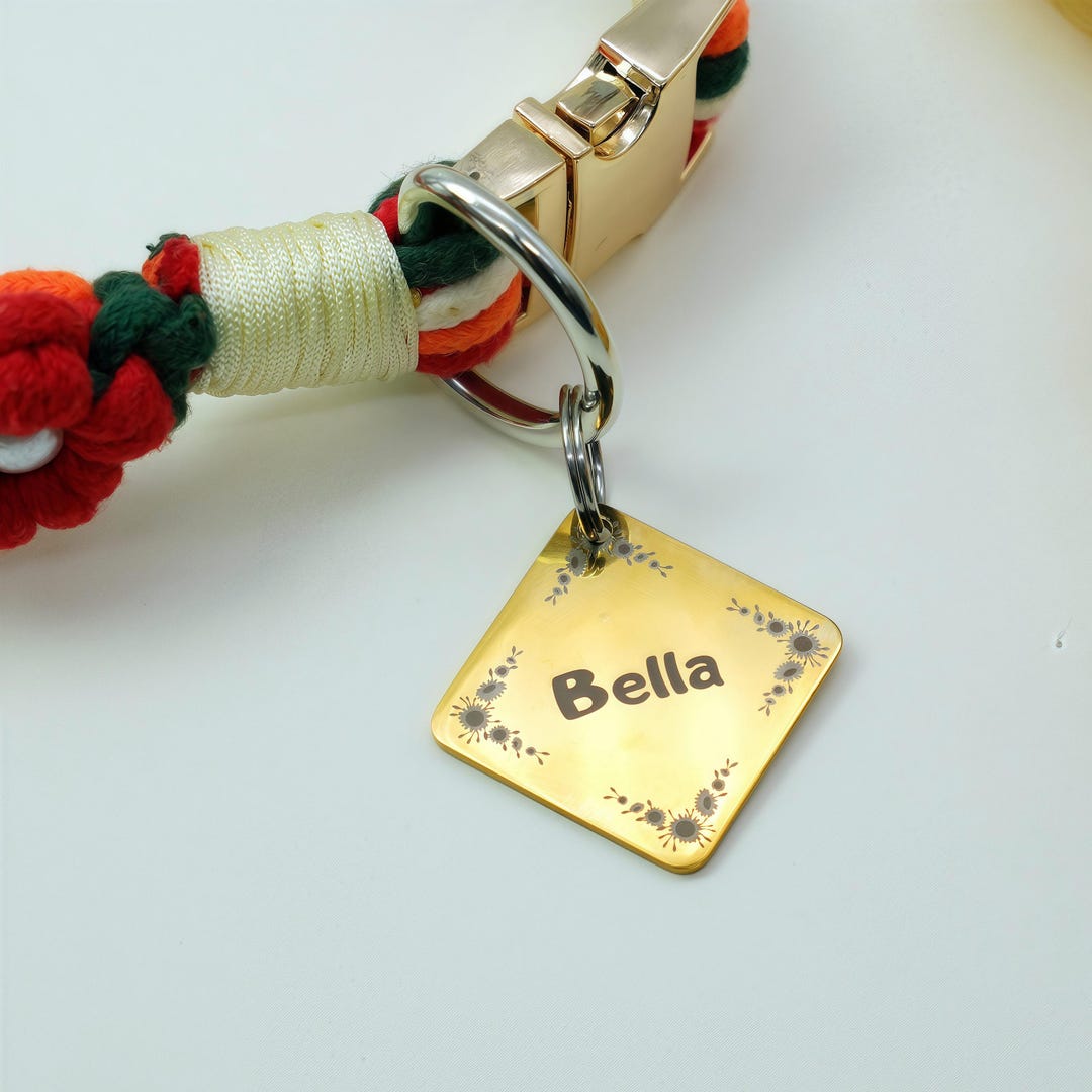 Custom Diamond Pet Tag – Personalized Mirror Finish ID Tag With Floral ...