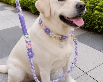 Handmade Braided Cotton Dog Leash – Floral Macrame Flowers, Pearl Accents, Soft Lead