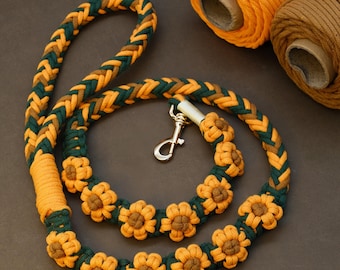 Custom Handmade Dog Leash – Woven Sunflower Rope Lead – Personalized Flower Design – Holiday / Party Walk Gift for Pets