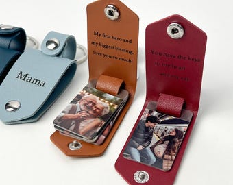 Llavero de piel con foto, regalos personalizados para él, llavero para hombre, ideas de regalo para hombres, regalo fotográfico único para hombre, regalos para el Día del Padre