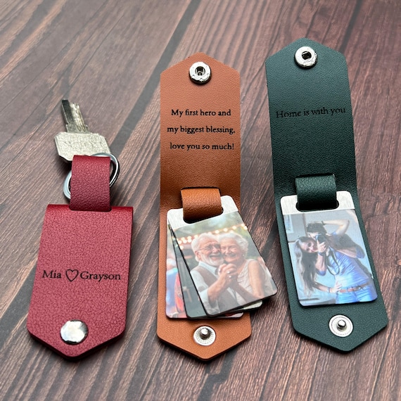 Personalized Mens Leather Keychain with Photo,Metal Tag Photo Keychain,Engraved key chain,Valentines Gifts for Him,Anniversary Gifts for Him