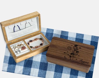 Personalized Wood Jewelry Box, Engraved Birth Flower, Travel Case