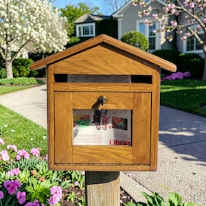 May include: A wooden mailbox with a pitched roof, stained in a warm brown colour. The mailbox has a small window displaying a newspaper. It is mounted on a wooden post and surrounded by a garden with pink flowers.
