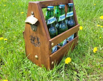 Wooden Beer Carrier Handmade, Solid Oak Beer Caddy for 6 Bottles, Beer Holder with Opener, Personalized Gift for Men, BBQ Gift