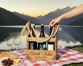 Wooden Wine Carrier Personalized, Oak Wine Tote for 3 Bottles or Glasses, Rustic Wine Holder, Wedding Gift for Couple, Wine Lover Gift