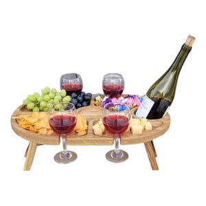 Handmade wooden wine table for 4 people. Solid oak. Eco-friendly picnic table. Rustic wine gift. Foldable wine holder for lovers.