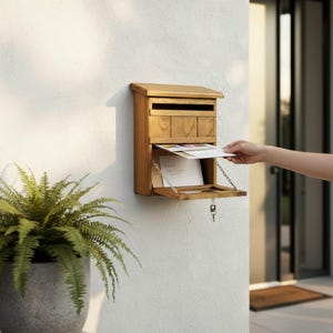Könnte beinhalten: Ein hölzerner Briefkasten an einer weißen Wand. Der Briefkasten hat ein schräges Dach und eine Tür mit Scharnieren und Schlüsselschloss. Eine Hand legt Post in die offene Tür. Eine Topfpflanze befindet sich im Vordergrund.