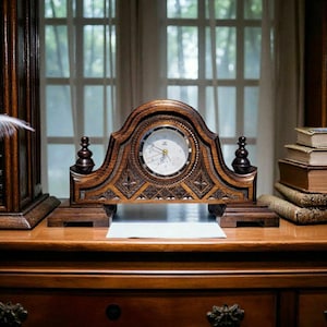 Handcrafted Walnut Mantel Clock: Rustic Carved Wood Table Decor